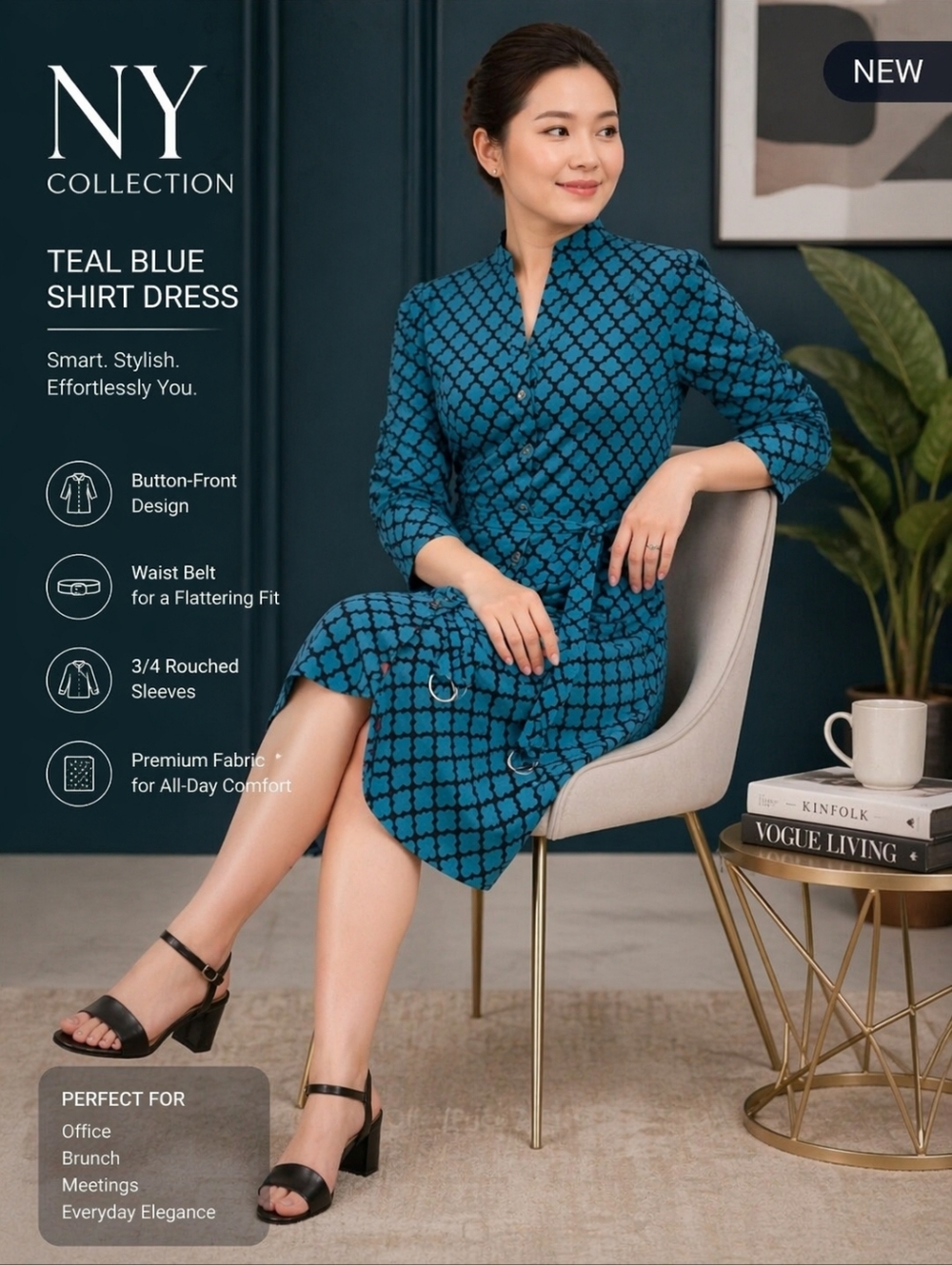 NY Collection Teal Blue  Button-Front Dress 3/4 Rouched Sleeve With Belt